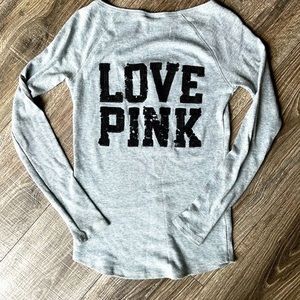 VS Pink gray thermal waffle Henley sequin love pink logo embellished LS top